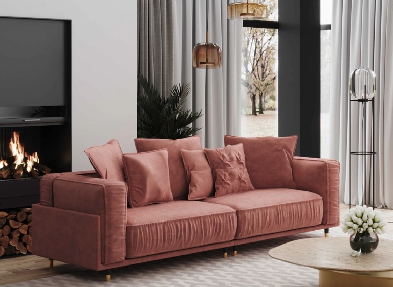 salon z różową kanapą